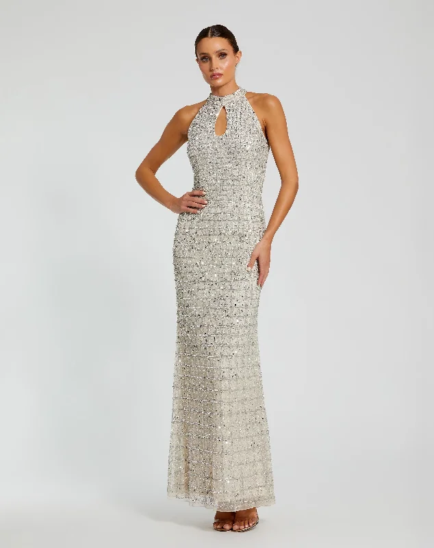 Maxi dresses with bow accents at the waist for a sweet appearanceEmbellished Halter Neck Keyhole Gown