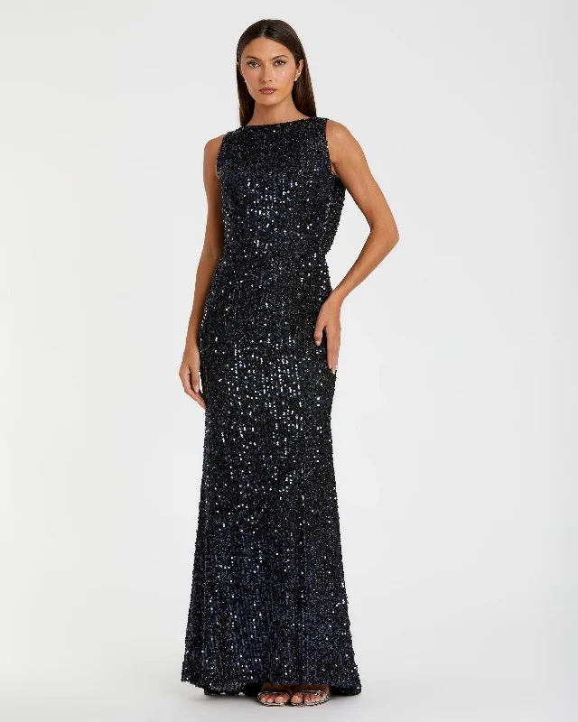 Maxi dresses with a gathered skirt for a voluminous and dramatic effectBlue Cowl Back Boat Neck Sequined Evening Gown