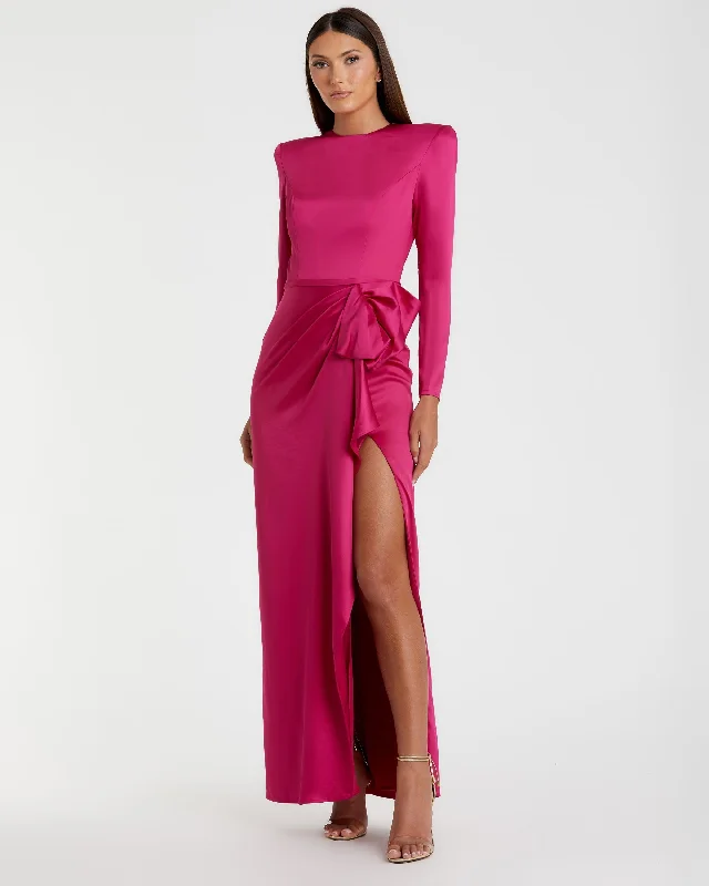 Maxi dresses with pom - pom trims for a playful and festive lookPink Long Sleeve Structured Bow Draped Gown