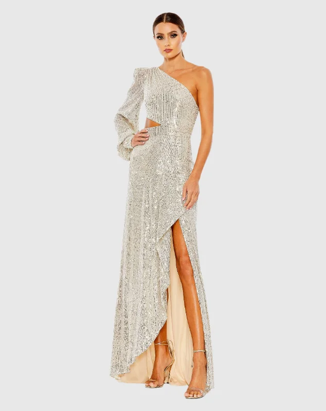 Maxi dresses with a V - neckline for a flattering and elongating shapeSilver Sequined One Shoulder Cut Out Gown