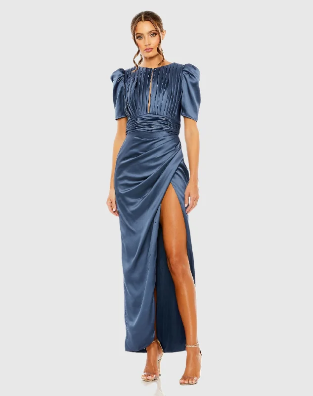 Floral print maxi dresses for summer garden partiesPuff Sleeve Pleated Bodice Draped Gown Floral print maxi dresses for summer garden partiesPuff Sleeve Pleated Bodice Draped Gown