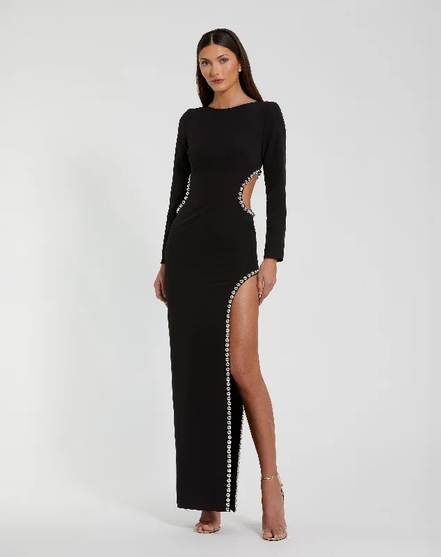 Maxi dresses with a keyhole back for a sexy detailCrepe Long Sleeve Gown With Beaded Cut Outs