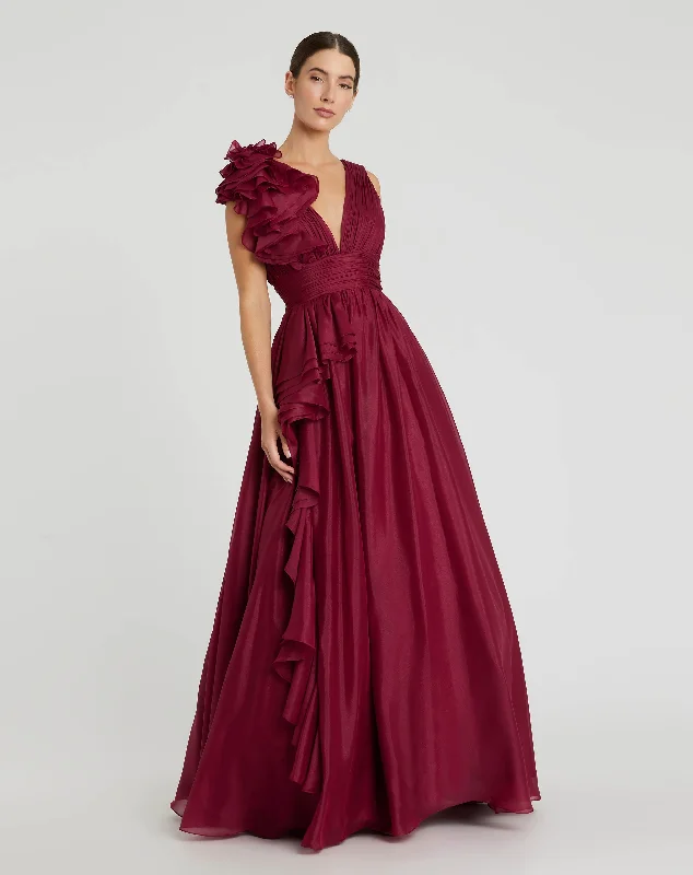 Printed maxi dresses with abstract patterns for an artistic lookDark Red Ruffle Shoulder V-Neck Chiffon Gown
