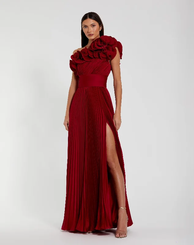 Maxi dresses with pom - pom trims for a playful and festive lookPleated Charmeuse One Shoulder Ruffle Gown