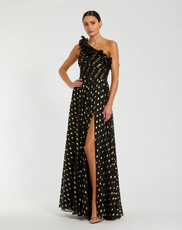 Maxi dresses with a wrap - around style for a customizable fitOne Shoulder Ruffle Chiffon Gown With Slit