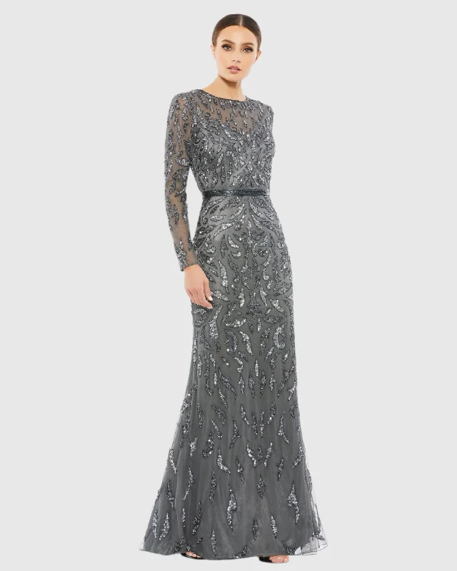 Maxi dresses with a ruched bodice for a more form - fitting and feminine shapeDark Gray Beaded Long Sleeve Evening Gown
