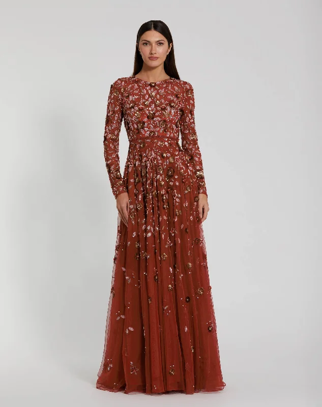Maxi dresses with bow accents at the waist for a sweet appearanceDark Orange Embellished High Neck Long Sleeve A Line Gown