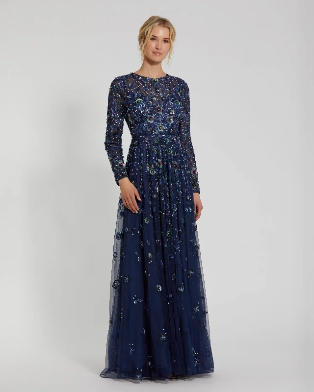 Maxi dresses with cut - out details on the sides for a modern edgeNavy Embellished High Neck Long Sleeve A Line Gown