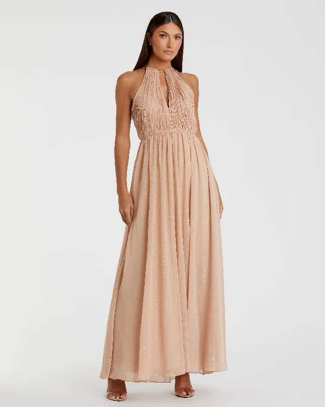 Leather maxi dresses for an edgy and bold appearanceChain Trim Keyhole Halter Neck A Line Gown