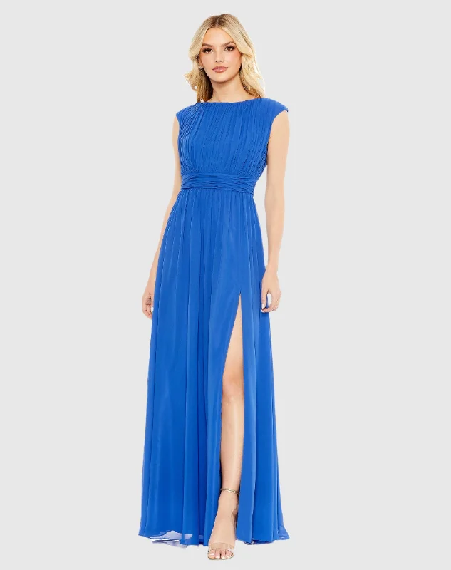 Maxi dresses with fringe trim for a bohemian vibePleated Bateau Cap Sleeve A Line Gown
