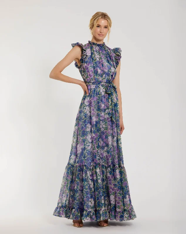 Denim maxi dresses with frayed hems for a casual lookPrinted Chiffon Ruffle Sleeve Gown With Bow Belt