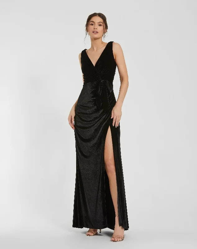 Maxi dresses with an asymmetric hem for a fashion - forward and eye - catching designDeep V High Slit Draped Velvet Fitted Gown