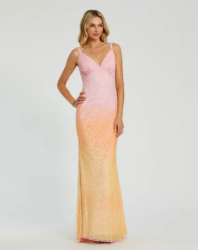 Maxi dresses with pom - pom trims for a playful and festive lookOmbre Sequined Cami Trumpet Gown