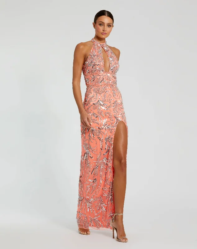 Maxi dresses with a keyhole back for a sexy detailHigh Neck Embellished Mesh Gown With Slit