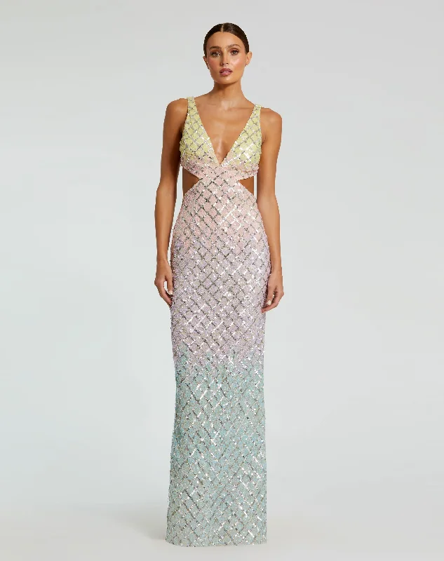 Maxi dresses with polka dot prints for a playful styleV Neck Ombre Beaded Gown With Side Cut Outs
