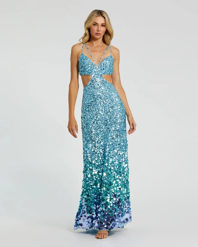 Denim maxi dresses with frayed hems for a casual lookBlue Thin Strap Cut Out Gown With Ombre Sequins