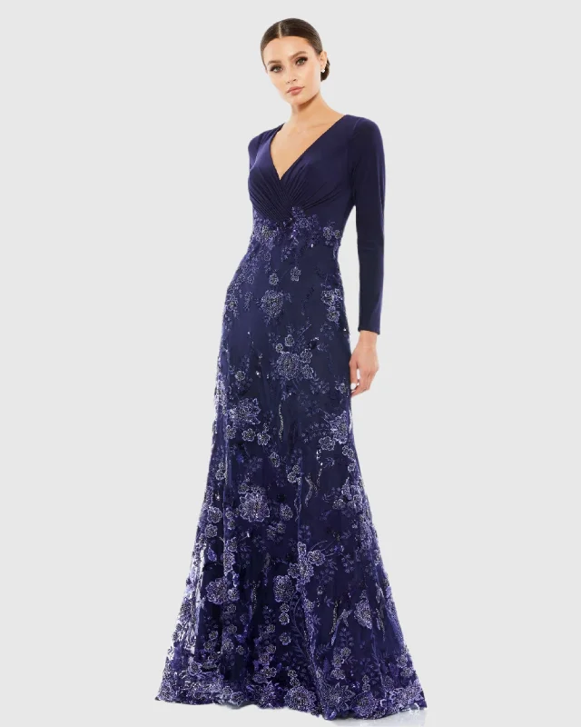 Maxi dresses with cut - out details on the sides for a modern edgeEmbellished Long Sleeve Wrap Over Trumpet Gown