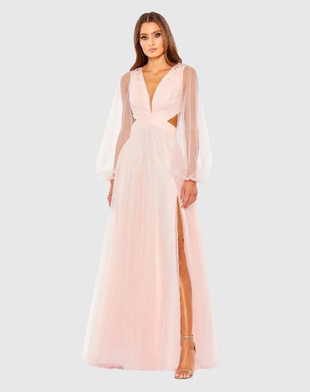 Sheer maxi dresses with lace overlays for a romantic touchTulle Sheer Long Sleeve Cut Out Lace Up A Line Gown Sheer maxi dresses with lace overlays for a romantic touchTulle Sheer Long Sleeve Cut Out Lace Up A Line Gown