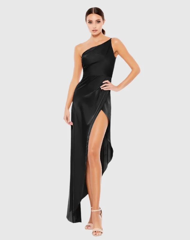 Velvet maxi dresses with long sleeves for winter weddingsBlack One Shoulder Hi-Low Draped Charmeuse Dress