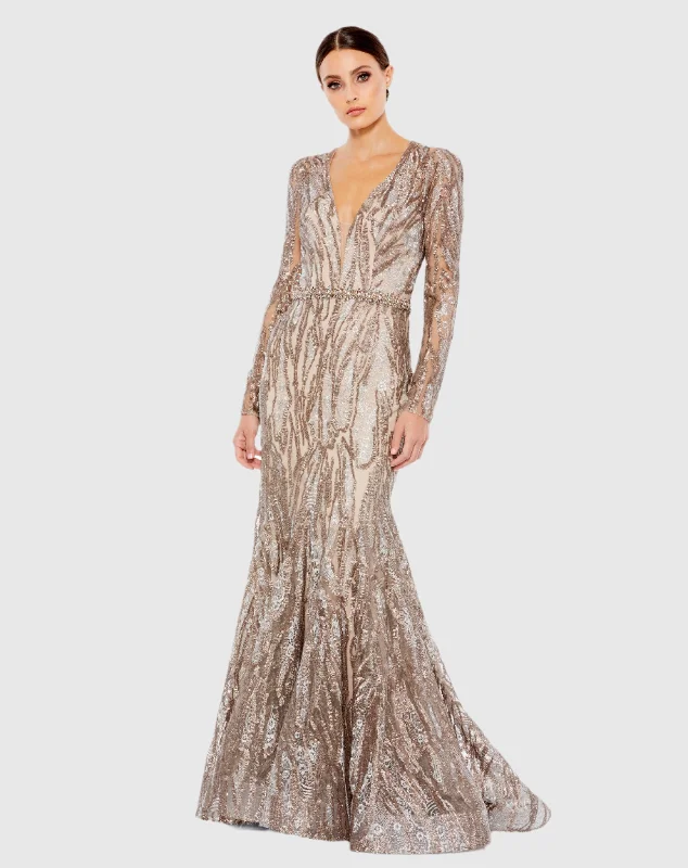 Maxi dresses with a halter neck for a stylish and sophisticated choiceEmbellished Long Sleeve Plunge Neck Trumpet Gown