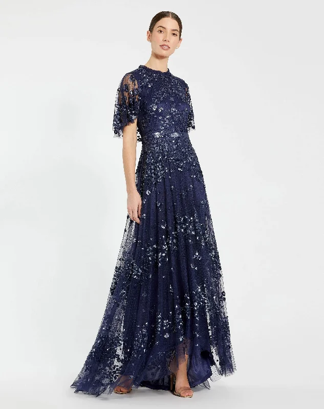 Linen maxi dresses for a breathable and lightweight summer optionSequined High Neck Flutter Sleeve A Line Gown