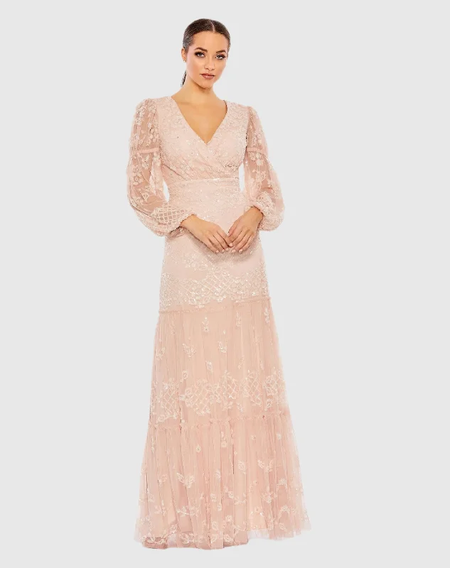 Maxi dresses with a V - neckline for a flattering and elongating shapeSequined Tiered Wrap Over Puff Sleeve Gown Maxi dresses with a V - neckline for a flattering and elongating shapeSequined Tiered Wrap Over Puff Sleeve Gown