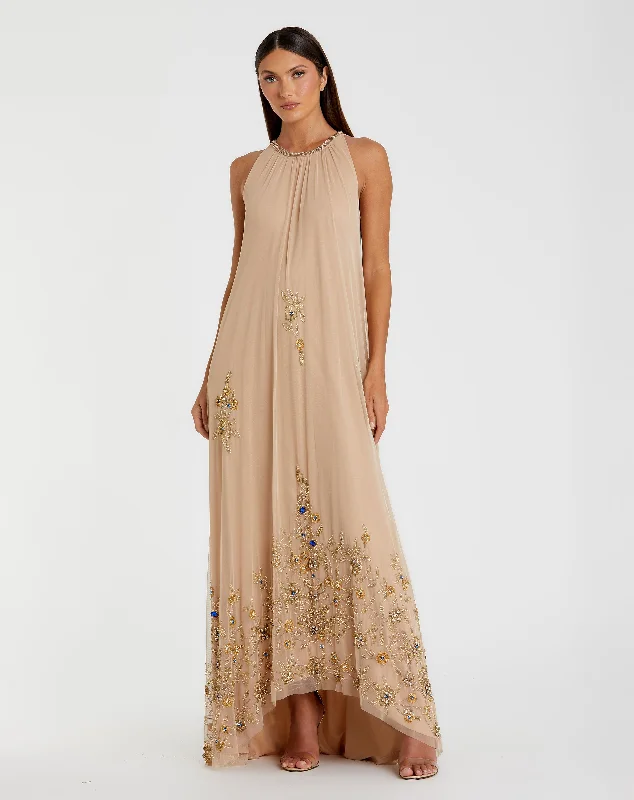 Denim maxi dresses with frayed hems for a casual lookHigh Neck Floral Embellished Trapeze Gown