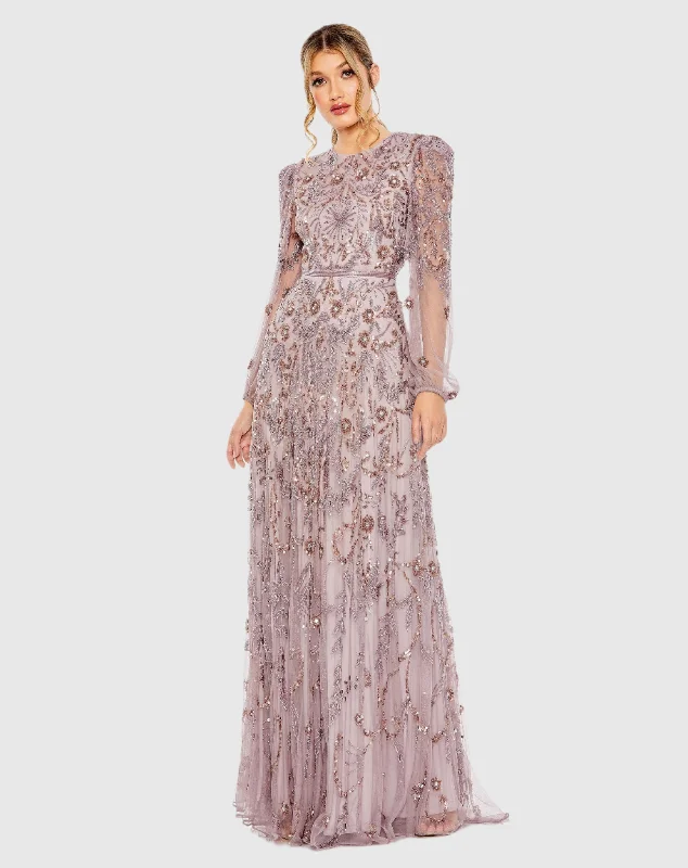 Strapless maxi dresses for a beachside vacationPuff Sleeve Embellished A Line Gown