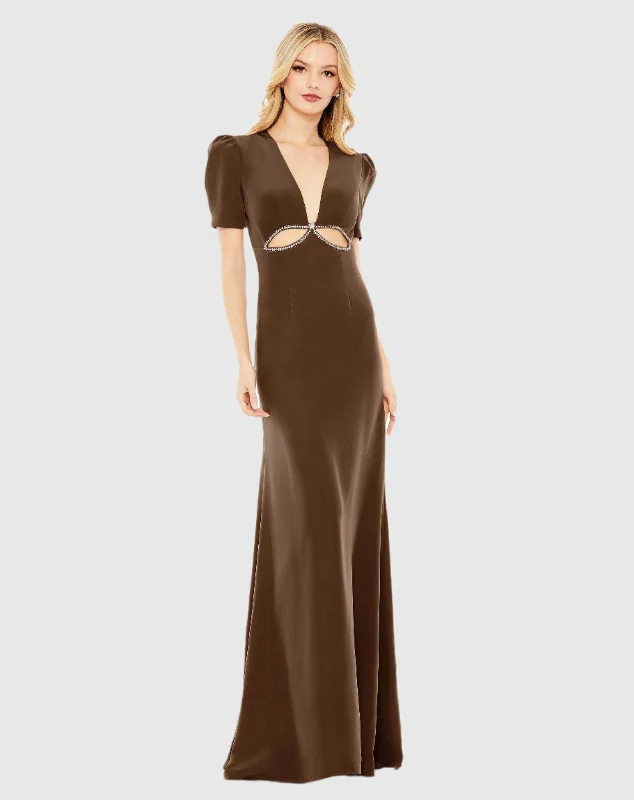 Maxi dresses with balloon sleeves for a vintage - inspired stylePlunge Neck Puff Sleeve Cut Out Gown