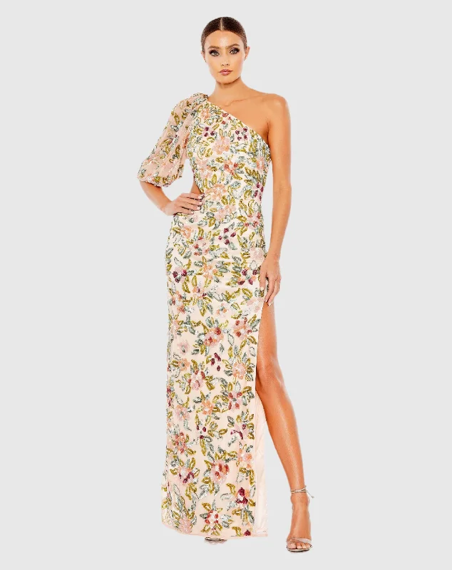 Maxi dresses with patchwork designs for a one - of - a - kind styleOne Shoulder Floral Embellished Gown