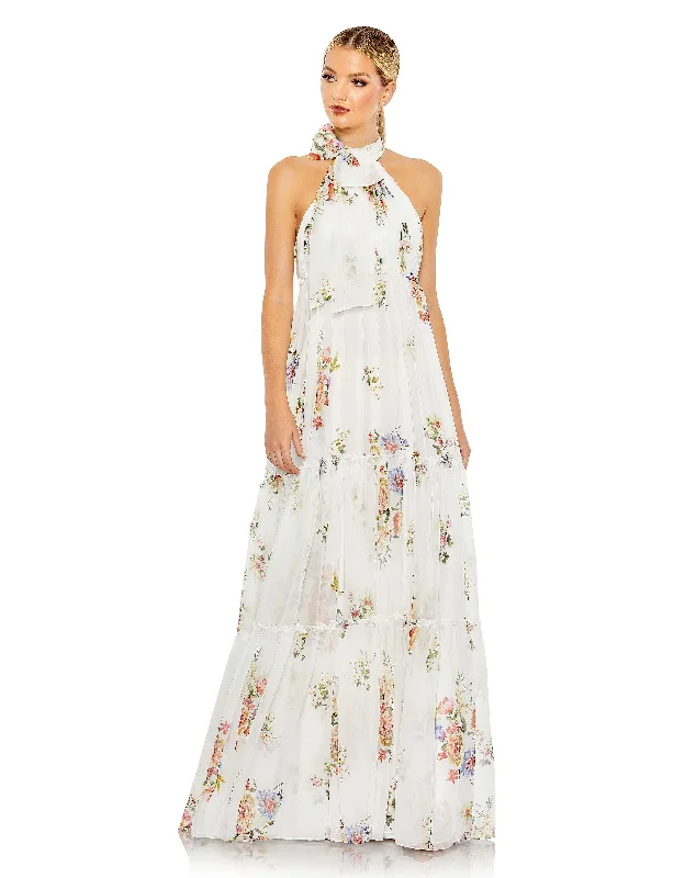 Maxi dresses with bow accents at the waist for a sweet appearanceFloral Print Ruched Tiered High Neck Bow Gown