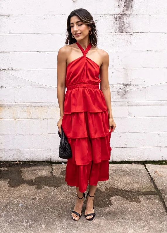Satin maxi dresses with a high - low hem for a modern twistAdelyn Rae Eleanor Halter Tiered Midi Dress- Crimson Red Satin maxi dresses with a high - low hem for a modern twistAdelyn Rae Eleanor Halter Tiered Midi Dress- Crimson Red