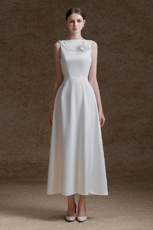 Maxi dresses with bow accents at the waist for a sweet appearanceAlida A-line Boat Neck Twill Silk Ankle Length Dress