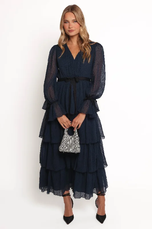 Maxi dresses with mesh panels for a sexy and trendy appearanceAntoinette Long Sleeve Tiered Maxi Dress - Navy Maxi dresses with mesh panels for a sexy and trendy appearanceAntoinette Long Sleeve Tiered Maxi Dress - Navy