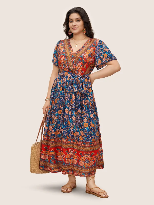 Maxi dresses with side slits for a touch of allureBandana Surplice Neck Pocket Belted Flutter Hem Maxi Dress