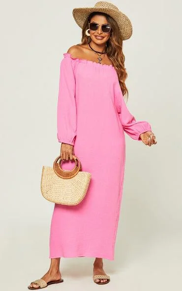 Floral print maxi dresses for summer garden partiesBardot Frill Detail Off Shoulder Maxi Dress In Pink Floral print maxi dresses for summer garden partiesBardot Frill Detail Off Shoulder Maxi Dress In Pink
