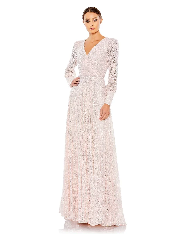 Maxi dresses with a keyhole back for a sexy detailBeaded Lace Long Sleeve Wrap Over Gown