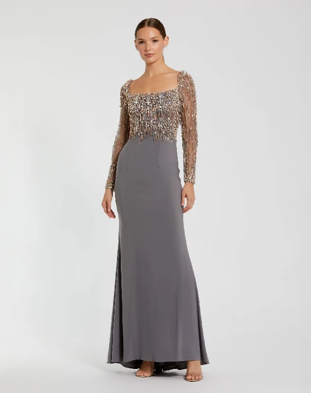 Sequined maxi dresses for formal evening galasBeaded Square Neck Long Sleeve Jersey Gown