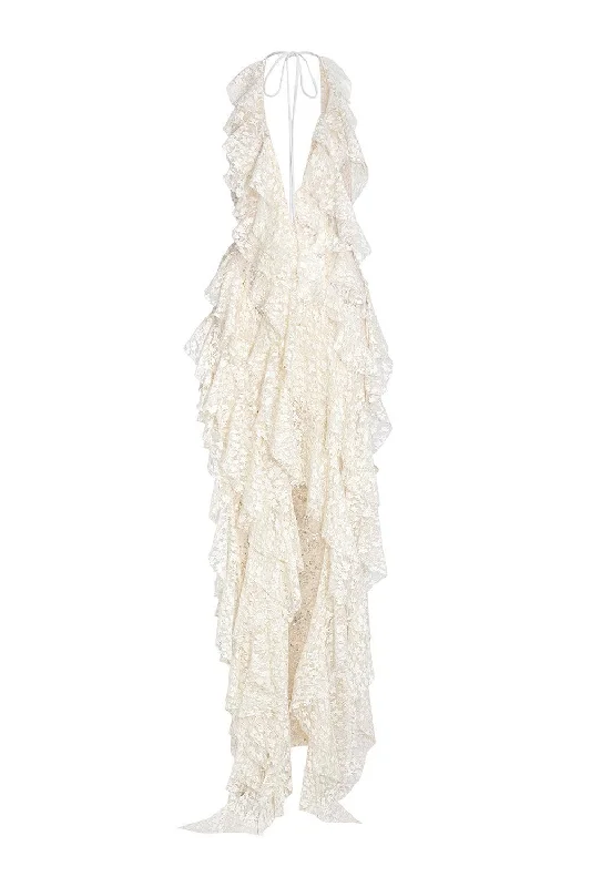 Maxi dresses with a gathered skirt for a voluminous and dramatic effectBerry Asymmetric Halter Neck Lace Maxi Dress
