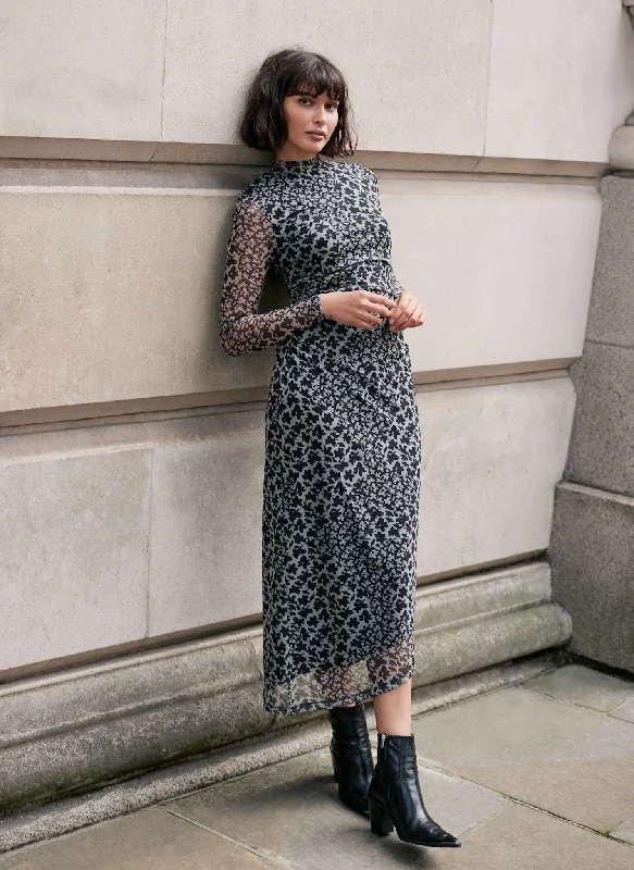 Strapless maxi dresses for a beachside vacationBlack Floral Print Mesh Midi Dress