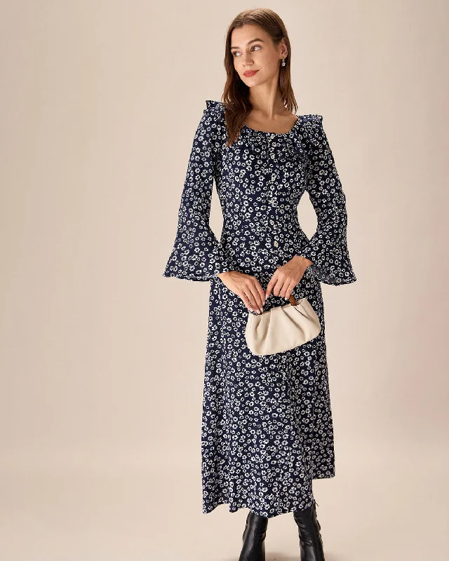 Maxi dresses with off - the - shoulder styles for a romantic and breezy lookBlue Floral Ruffle Chiffon Maxi Dress Maxi dresses with off - the - shoulder styles for a romantic and breezy lookBlue Floral Ruffle Chiffon Maxi Dress