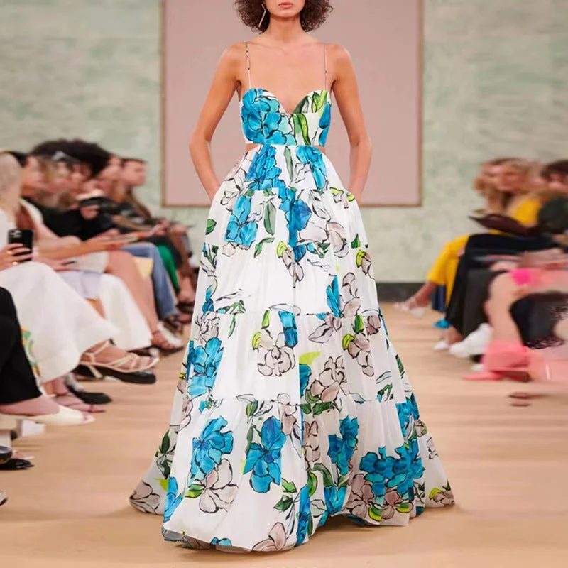 Maxi dresses with a button - down front for a classic lookBlue Printed Long Dress 2022 Summer New Ropa De Dama V-neck Sleeveless Suspender Ruffle Dress