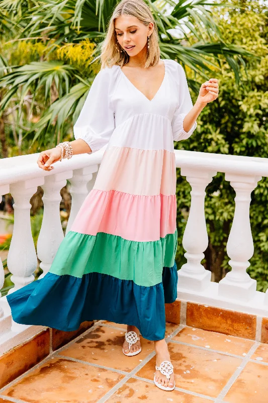Denim maxi dresses with frayed hems for a casual lookBright On Time Off White Colorblock Maxi Dress
