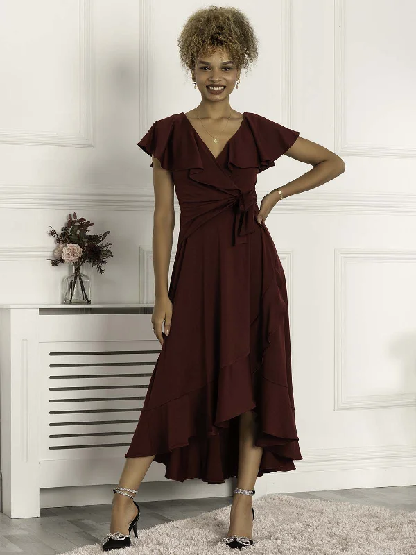 Maxi dresses with geometric prints for a contemporary aestheticPriya Frill Dipped Hem Dress, Burgundy Maxi dresses with geometric prints for a contemporary aestheticPriya Frill Dipped Hem Dress, Burgundy