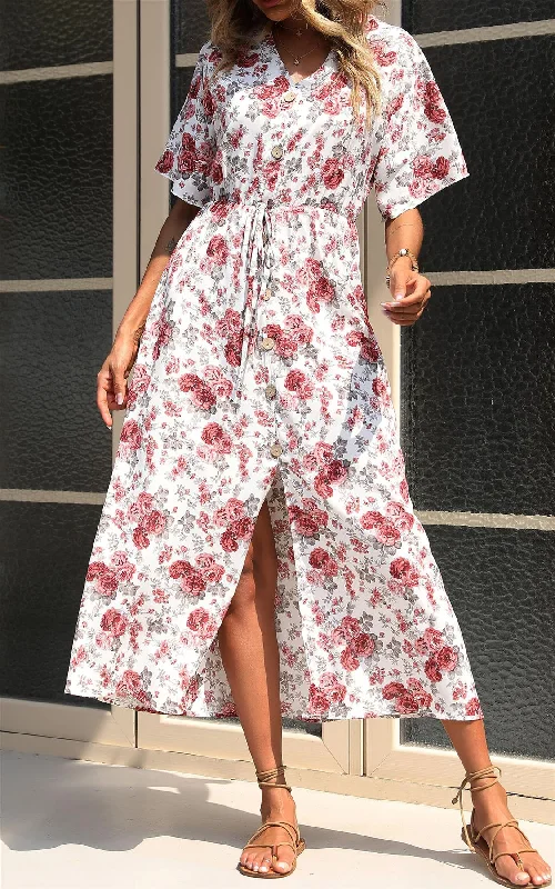 Maxi dresses with pocket details for added functionalityButton Down V Neck Maxi Dress In White Floral Print