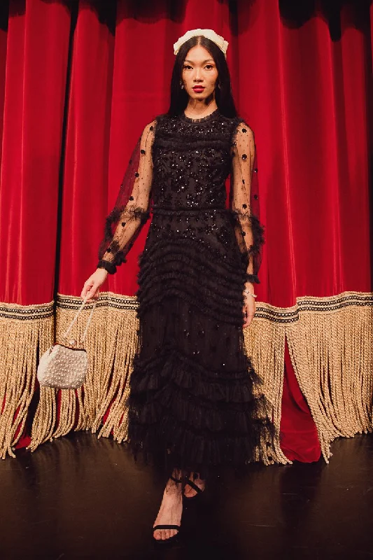 Maxi dresses with a ruched bodice for a more form - fitting and feminine shapeClaire Dress in Black Sequin
