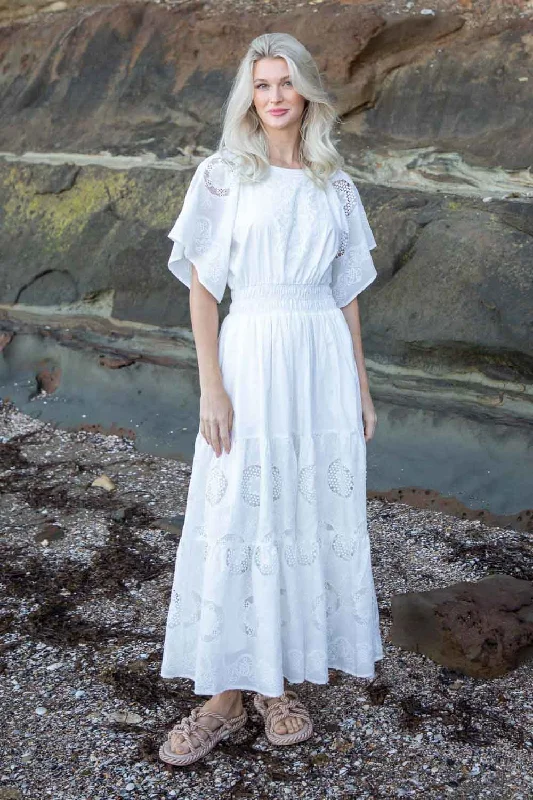 Maxi dresses with a gathered skirt for a voluminous and dramatic effectCloud Embroidered Dress White Lace