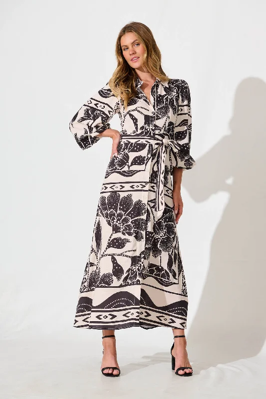Maxi dresses with bow accents at the waist for a sweet appearanceEira Maxi Shirt Dress in Beige with Black Flower Linen Blend Maxi dresses with bow accents at the waist for a sweet appearanceEira Maxi Shirt Dress in Beige with Black Flower Linen Blend