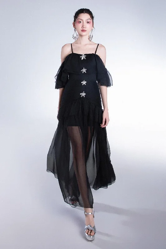 Maxi dresses with pocket details for added functionalityElizany Gathered Cold Shoulder Sleeved Organza Voile Ankle Length Dress