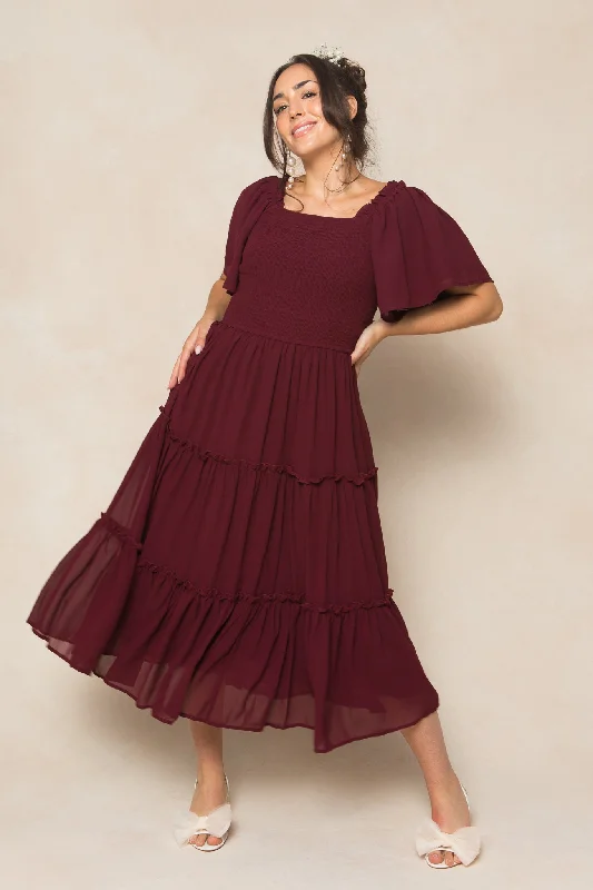 Satin maxi dresses with a high - low hem for a modern twistEllie Dress in Wine Chiffon